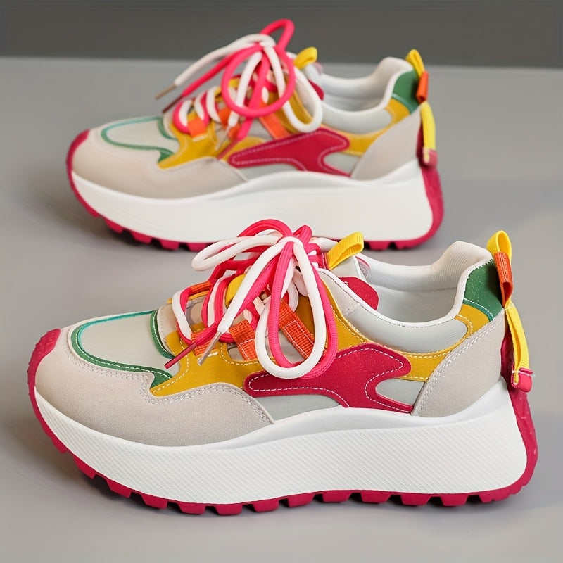 YTMLDY Women'S Fashion Sneakers - Colorful Striped Low Top Lace-Up Shoes with Thick PVC Sole, Breathable Fabric Lining, and Durable Outsole for All-Day Comfort, Casual Sneakers|Vibrant Pattern Shoes|Flexible PVC Sole